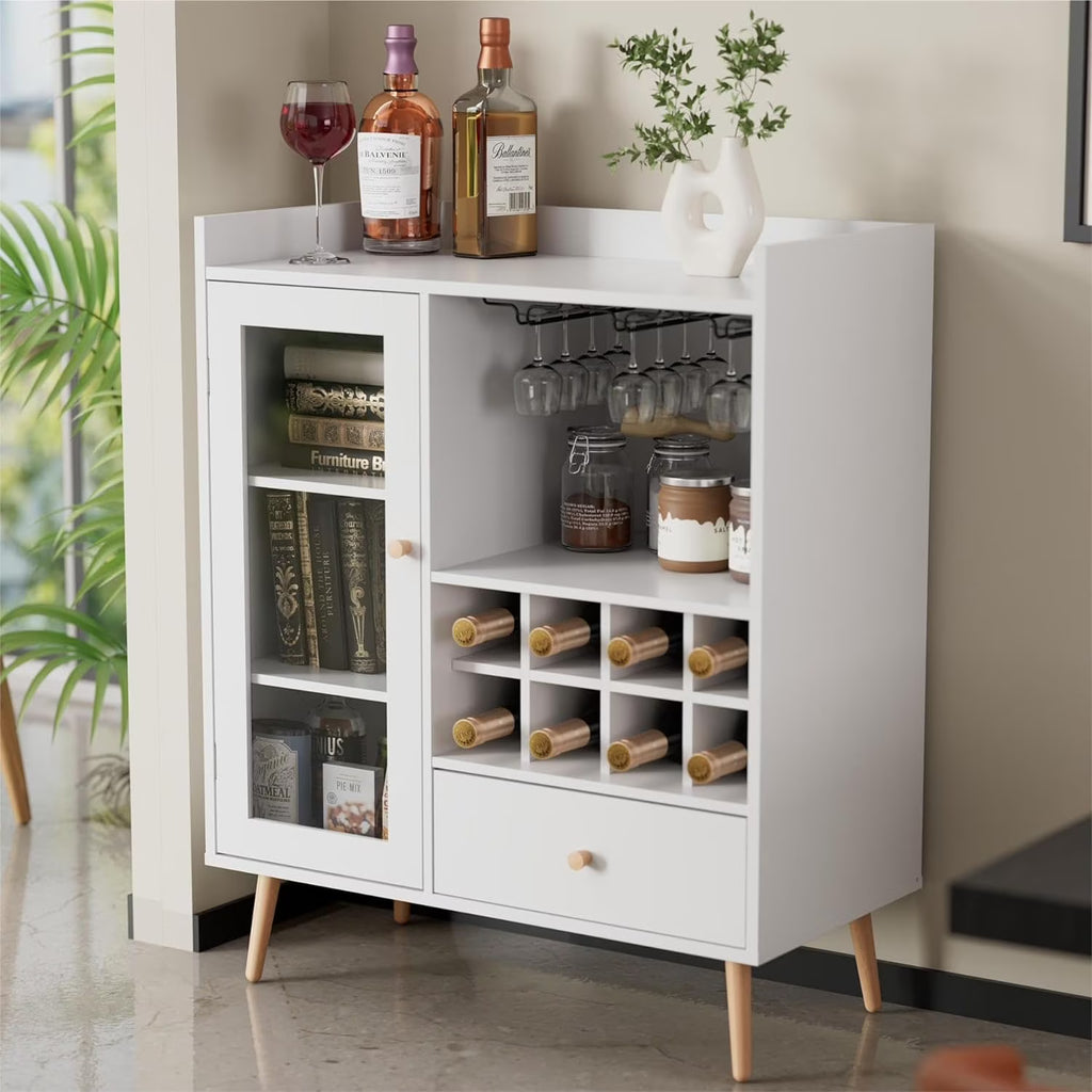 White Coffee Bar Cabinet with Storage, Mid-Century Modern Buffet Sideboard with Removable Wine Rack, Acrylic Door P7292