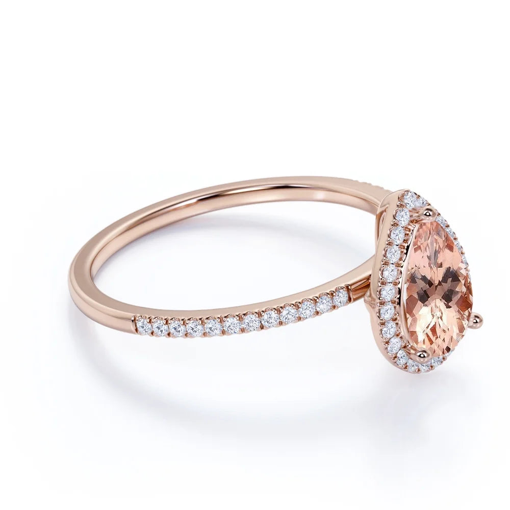 Pear Cut Peach Pink Morganite Halo Engagement Ring in 18k Rose Gold over Silver K8016