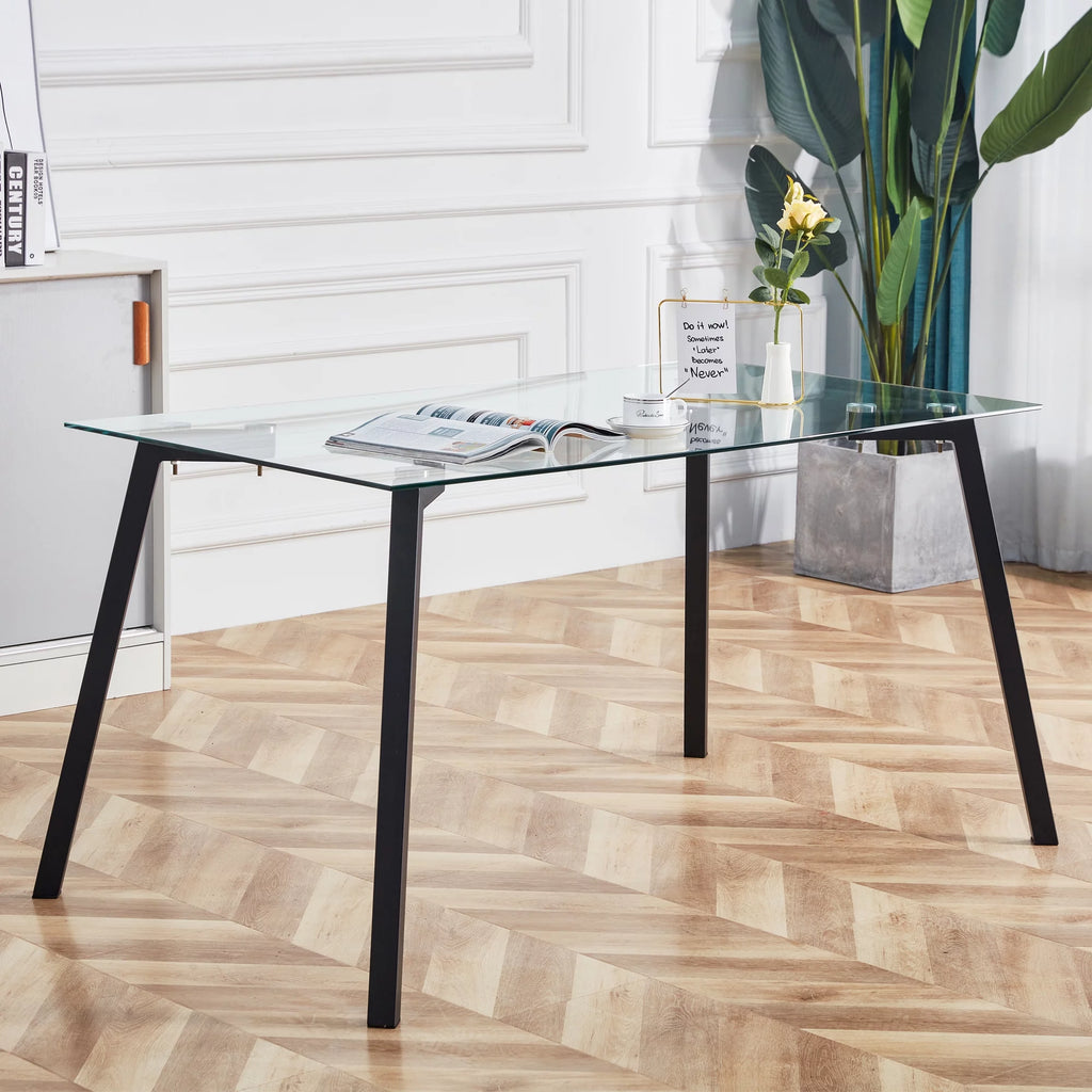 Rectangular Glass Dining Table for 4-6 with Tempered Glass Tabletop and Black Metal Legs S20750
