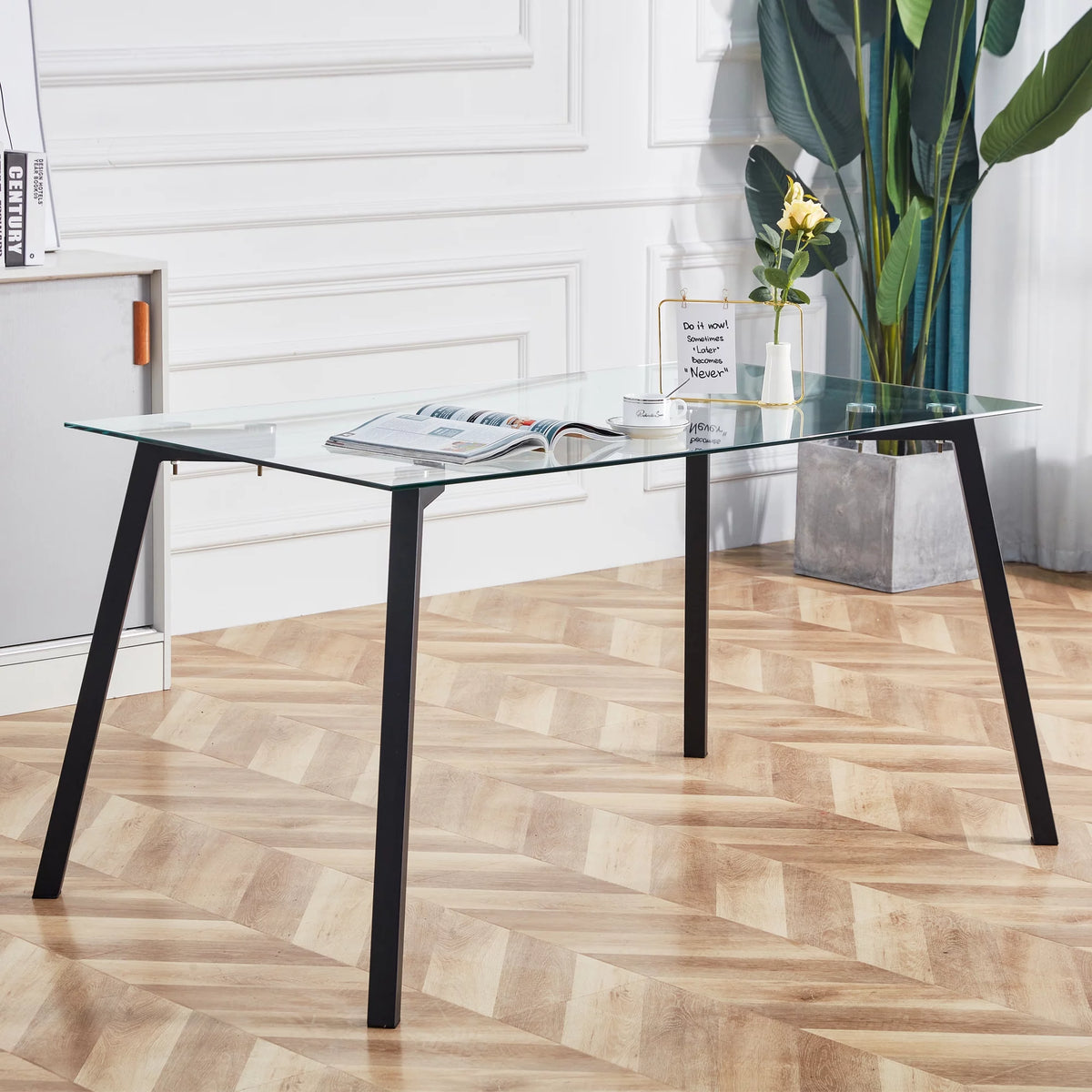 Rectangular Glass Dining Table for 4-6 with Tempered Glass Tabletop and Black Metal Legs S20750