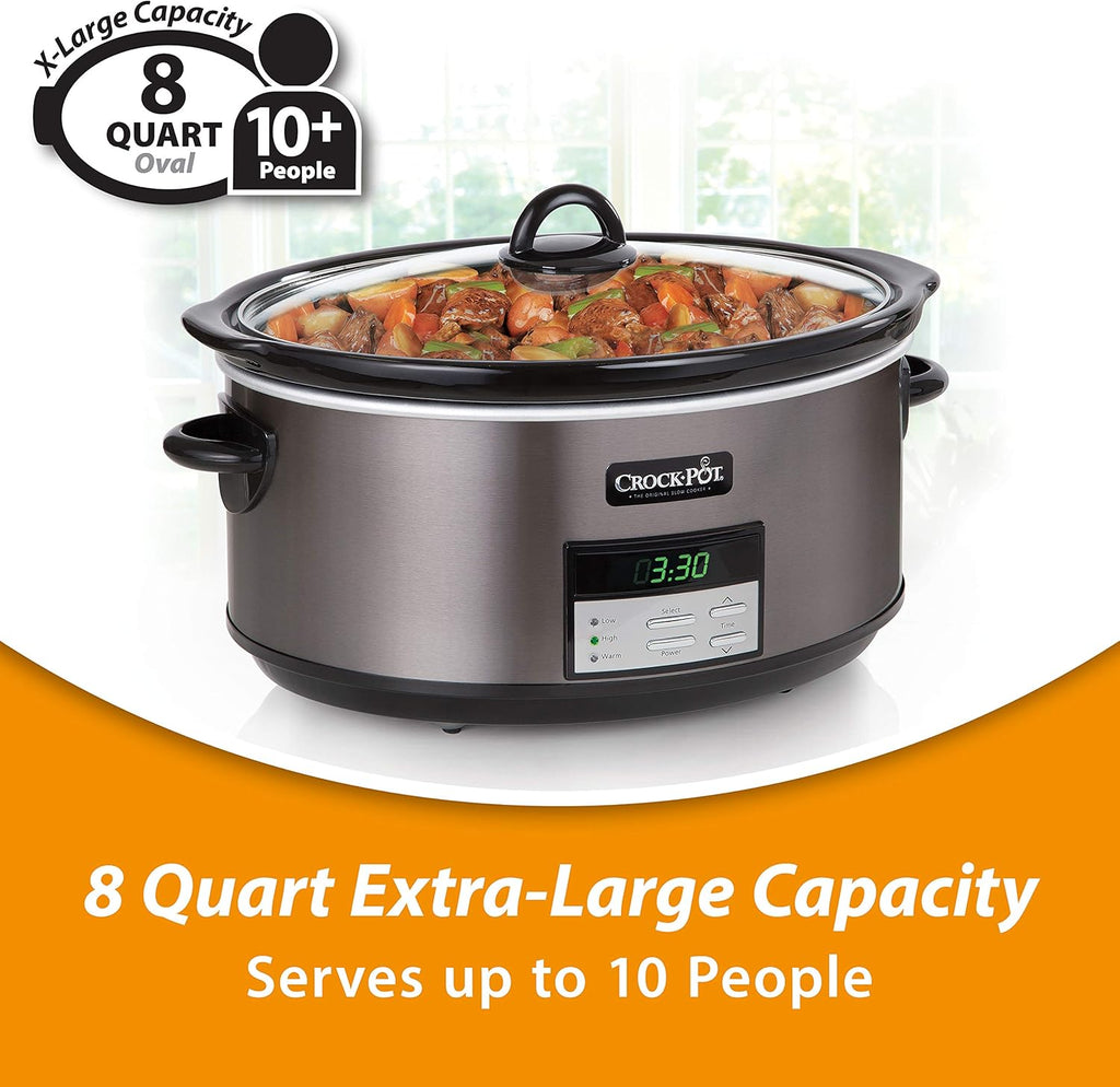 Large 8-Quart Programmable Slow Cooker with Auto Warm Setting, Black Stainless Steel S600