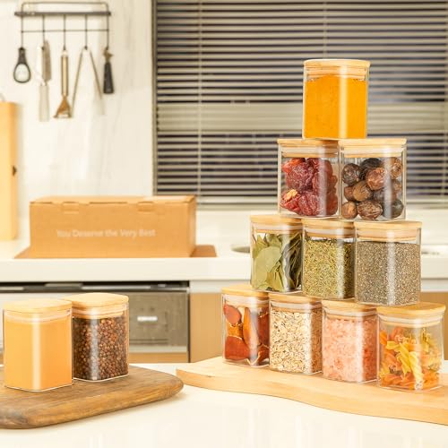 12 Pcs Glass Spice Jars with Bamboo Airtight Lids, 6 oz Spice Containers Q6585