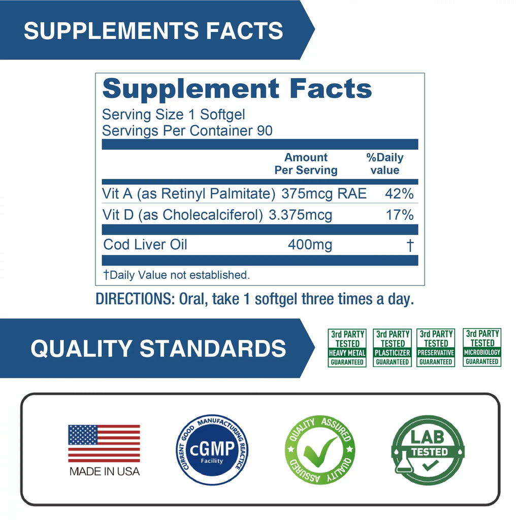 Cod Liver Oil 400 mg Omega 3 with Vitamin A & Vitamin D3 90 Softgels (Pack of 3) T356759