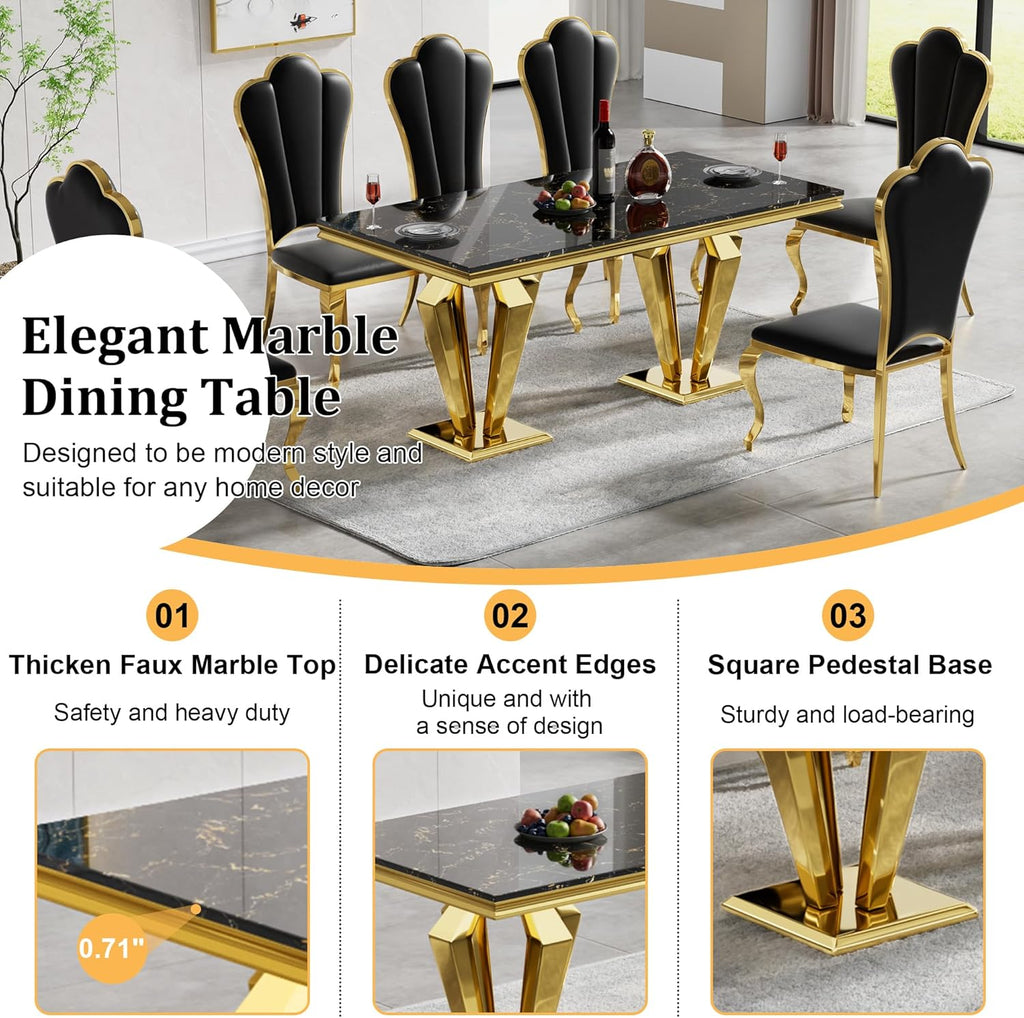 70" Black Gold Marble Dining Table Set with 6 PU Leather Chairs G483563