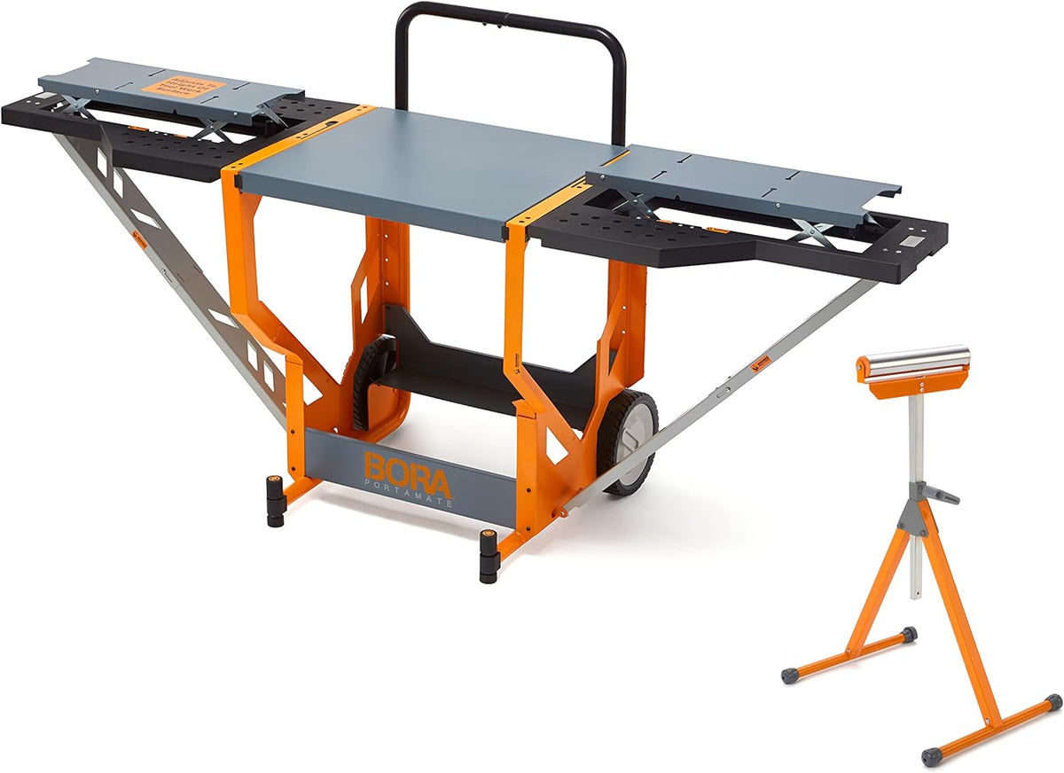 Miter Saw Workstation and Adjustable Pedestal Roller, Mobile Rolling Workbench with Additional Outfeed Support Pedestal Roller B642981