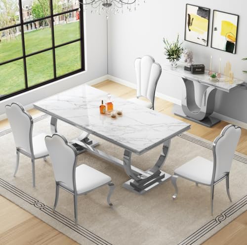 White Marble Dining Table Set of 6 with 4 Leather Chairs D7615