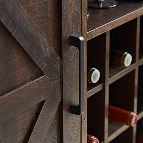 Gray Wash Coffee Bar Cabinet with Wine Rack Barn Door Buffet Sideboard P4118