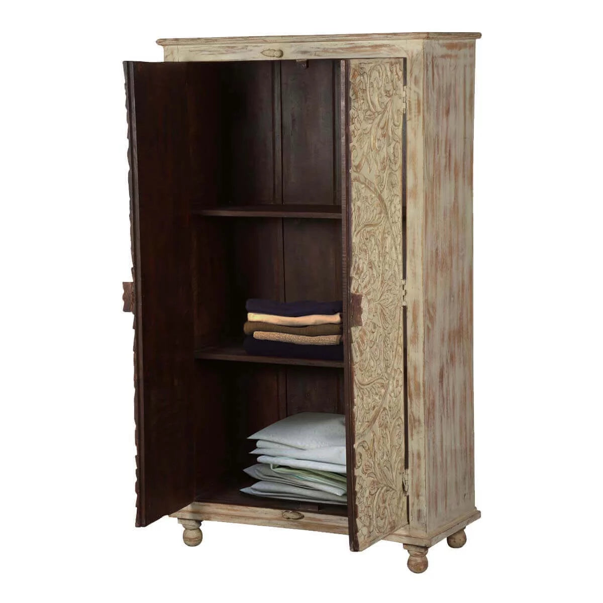 Solid Wood Distressed White Armoire with Shelves S631472