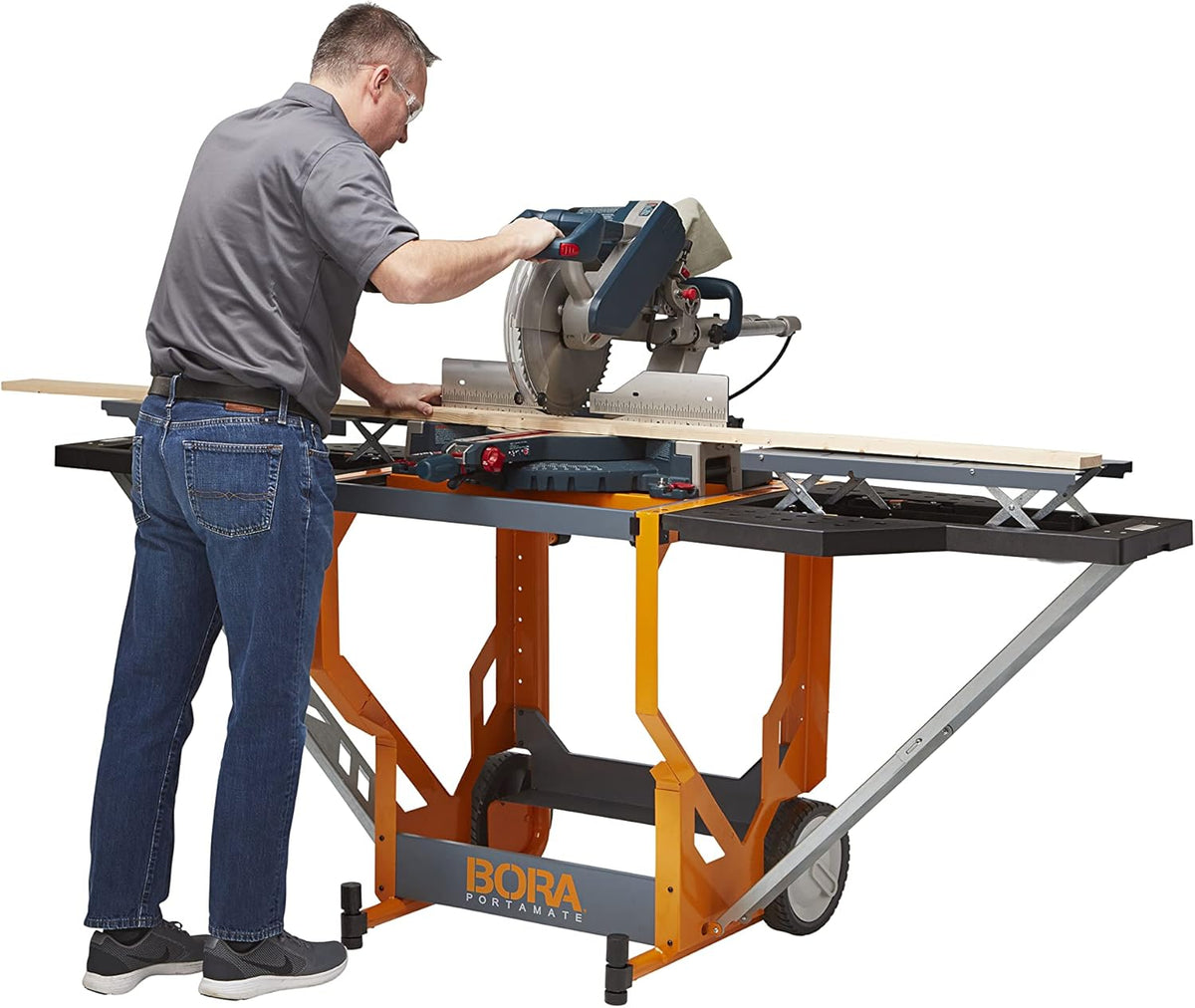 Miter Saw Workstation and Adjustable Pedestal Roller, Mobile Rolling Workbench with Additional Outfeed Support Pedestal Roller B642981