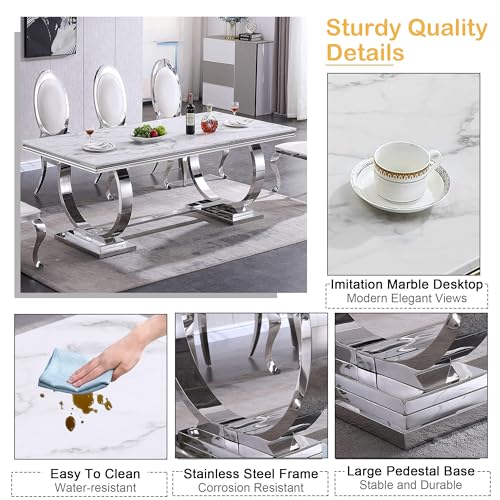 White Marble Dining Table Set of 6 with 4 Leather Chairs D7615