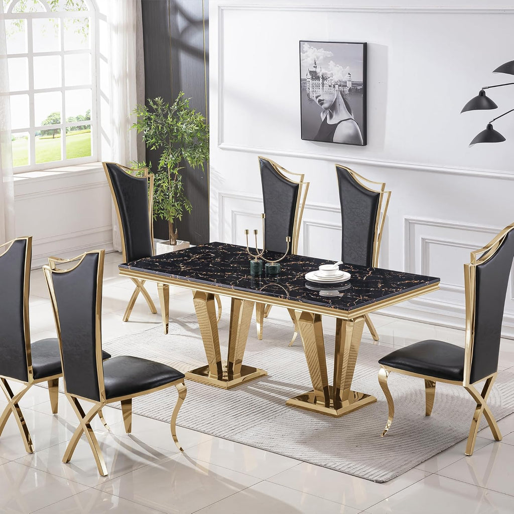 70" Black Gold Marble Dining Table Set with 6 PU Leather Chairs G483563