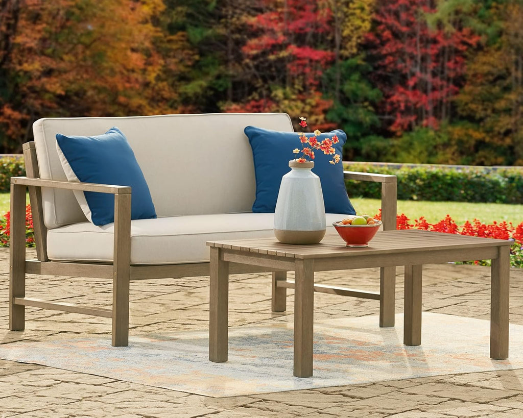Beige Eucalyptus Patio Loveseat with Table Y7668