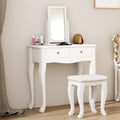 White Wooden Vanity Dressing Table with Mirror and Stool, 2 Drawers Y7946