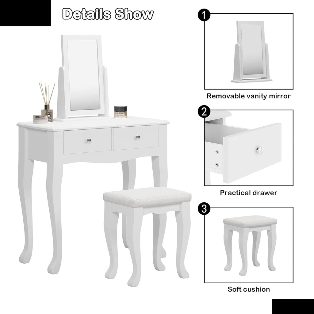 White Wooden Vanity Dressing Table with Mirror and Stool, 2 Drawers Y7946