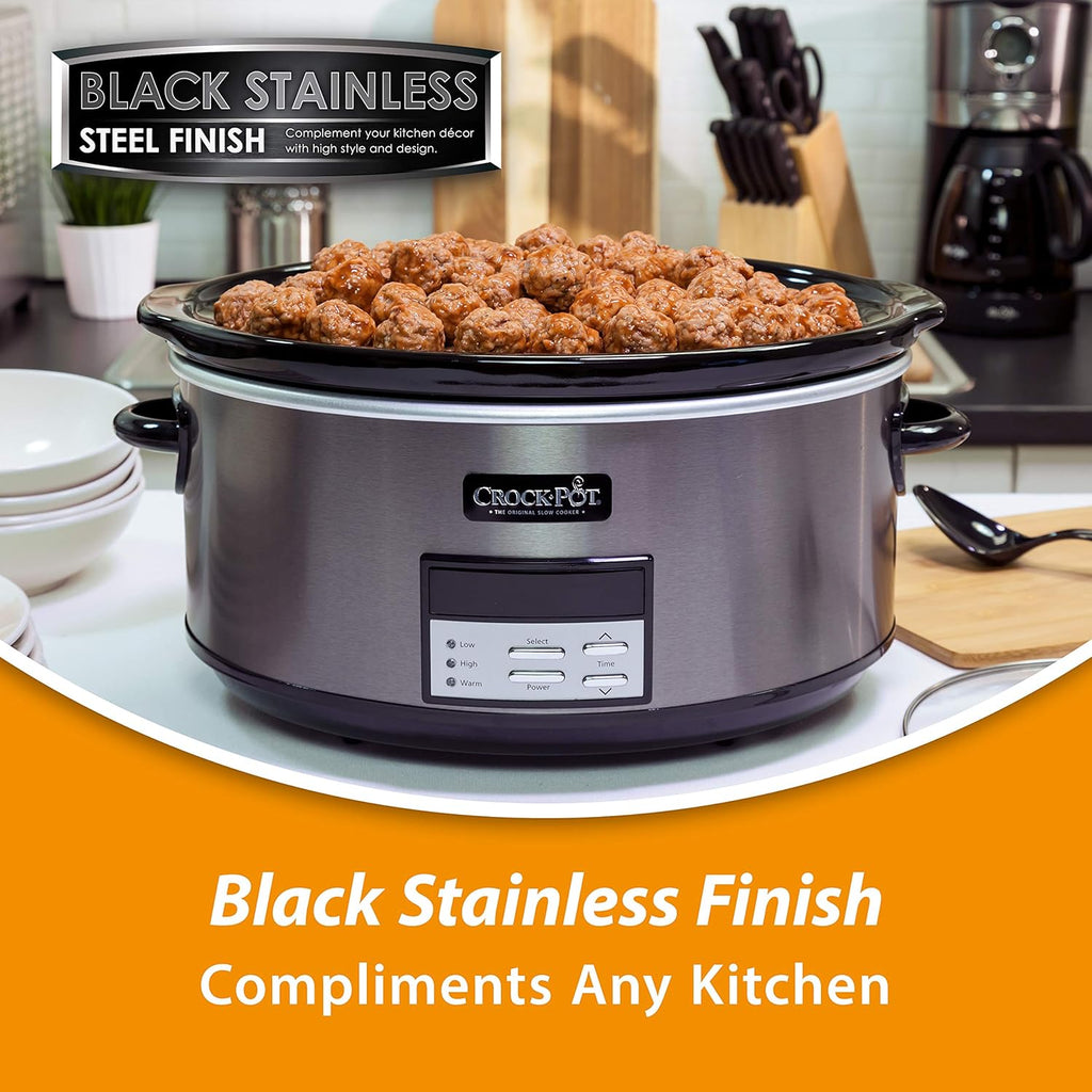 Large 8-Quart Programmable Slow Cooker with Auto Warm Setting, Black Stainless Steel S600