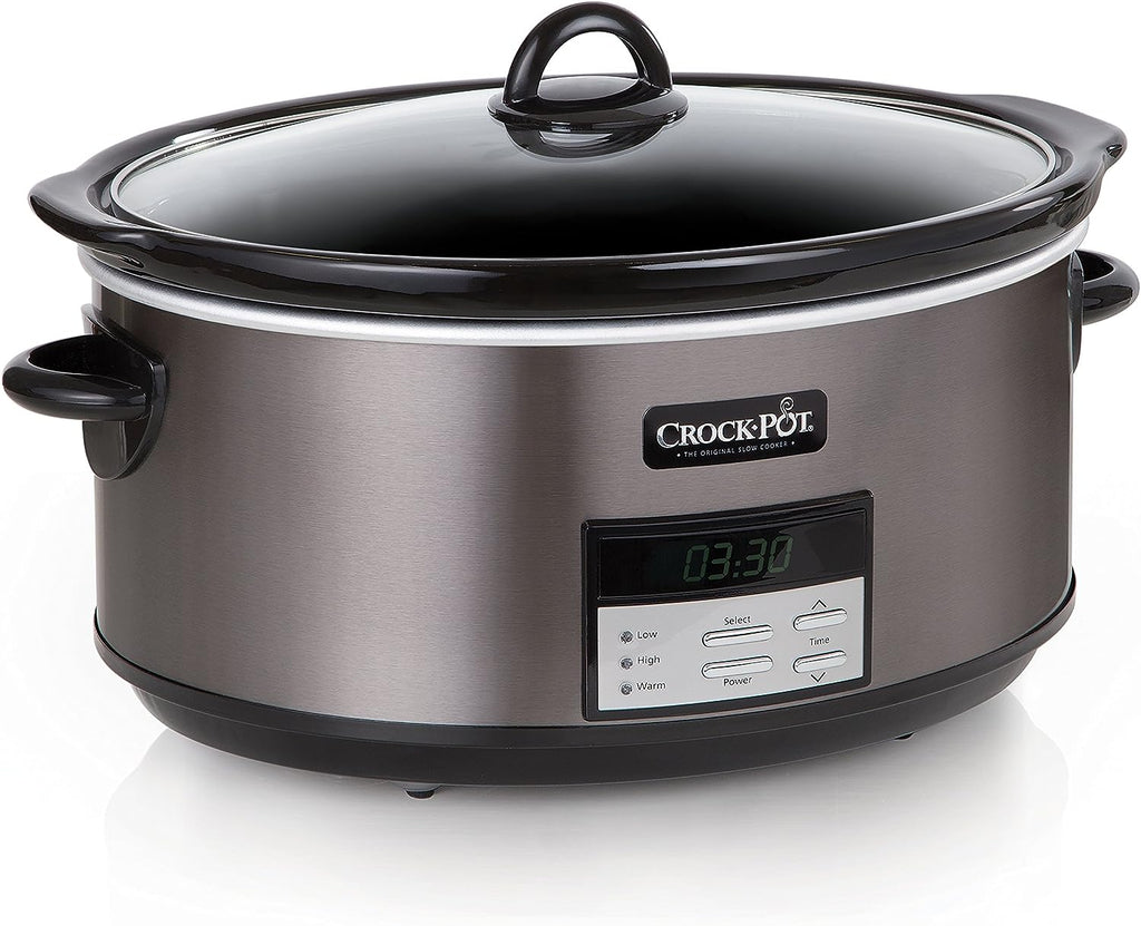 Large 8-Quart Programmable Slow Cooker with Auto Warm Setting, Black Stainless Steel S600