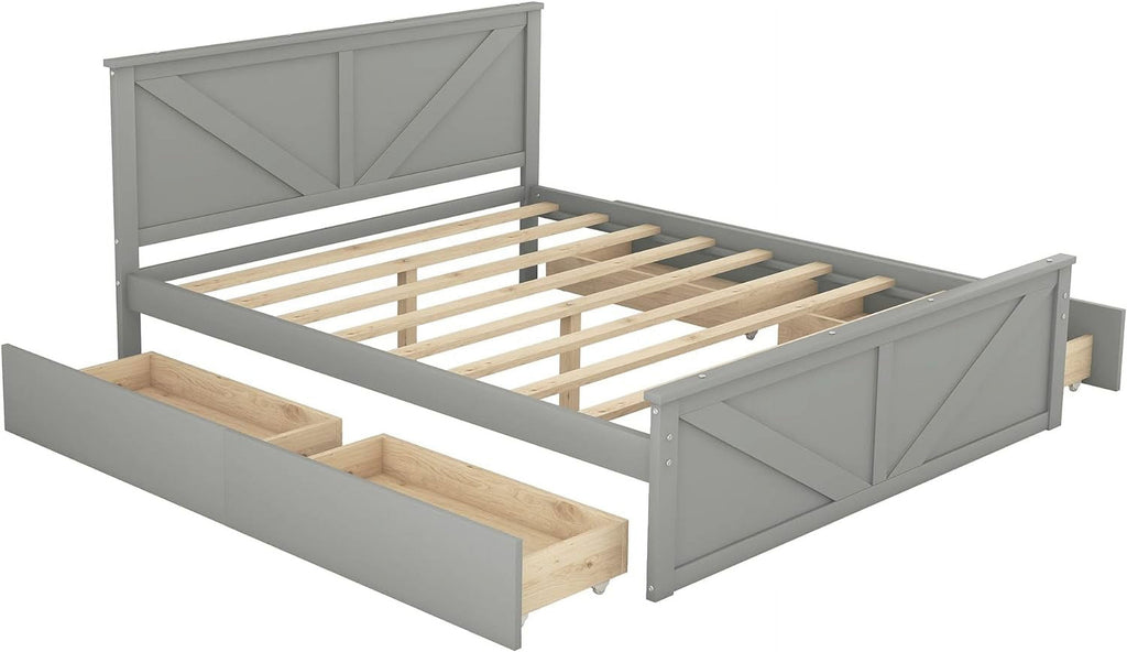Gray Queen Wood Platform Bed with 4 Storage Drawers M922873
