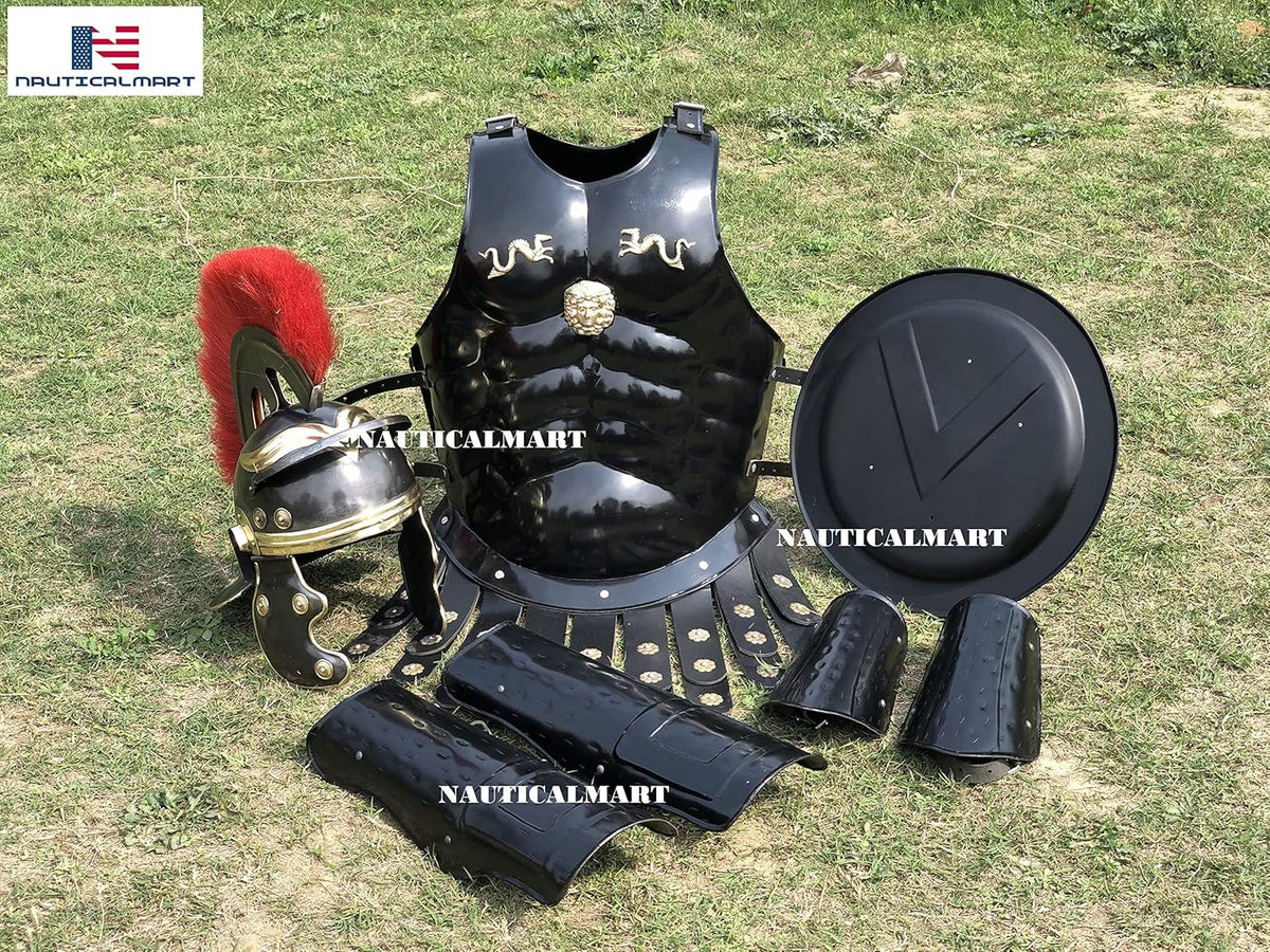 Black Medieval Muscle Body Armor Set with Helmet, Leg & Arm Guard, Shield M115664