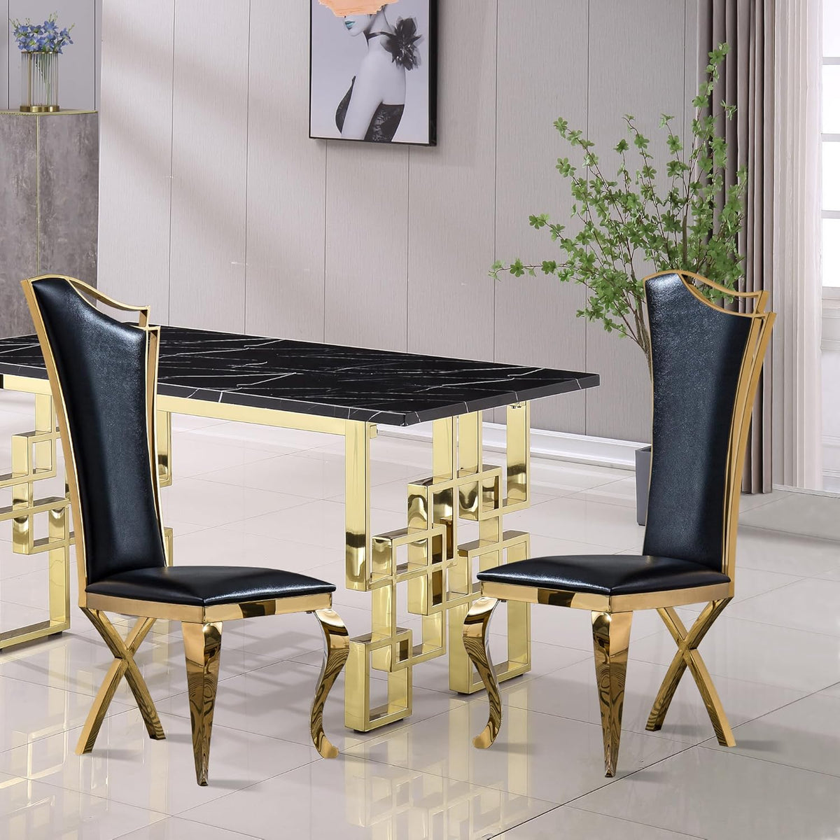 70" Black Gold Marble Dining Table Set with 6 PU Leather Chairs G483563