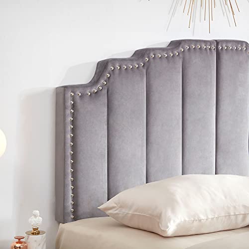Grey Velvet Upholstered Tufted Headboard for King Size Bed F562