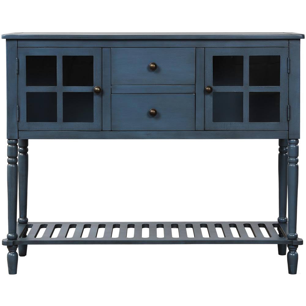 Antique Navy Wood Console Table with Storage Cabinets and Drawers R378069
