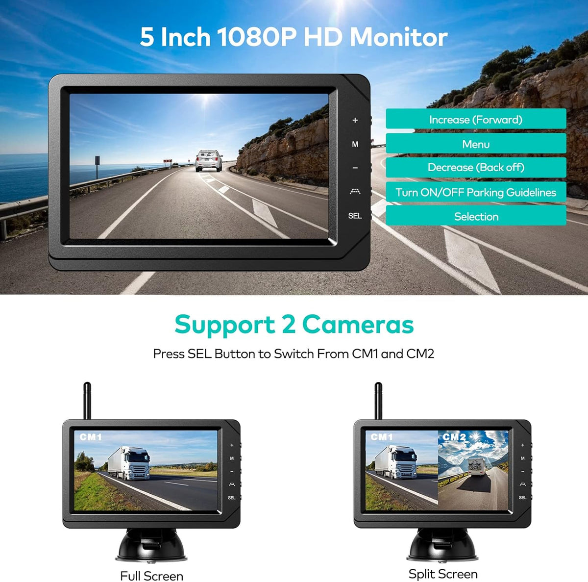 Wireless Backup Camera 5 Inch HD Monitor IR Night Vision Waterproof B9098