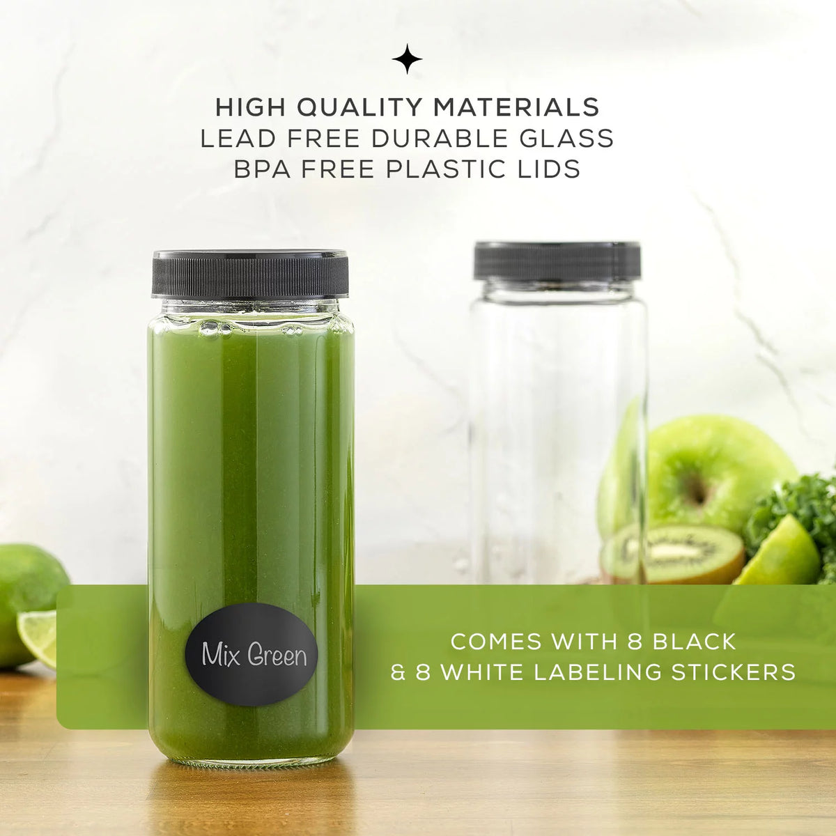Set of 8 Glass Juice Bottles with BPA Free Lids M9257