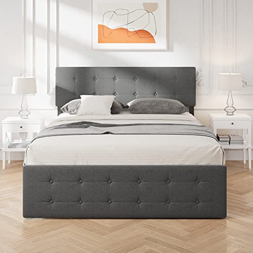 Grey Queen Size Upholstered Platform Bed Frame with 4 Storage Drawers S576616