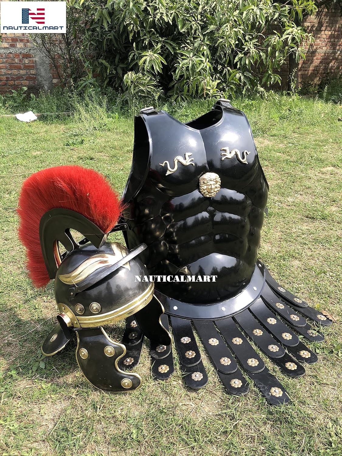 Black Medieval Muscle Body Armor Set with Helmet, Leg & Arm Guard, Shield M115664