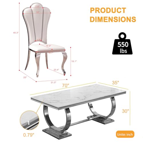 White Marble Dining Table Set of 6 with 4 Leather Chairs D7615