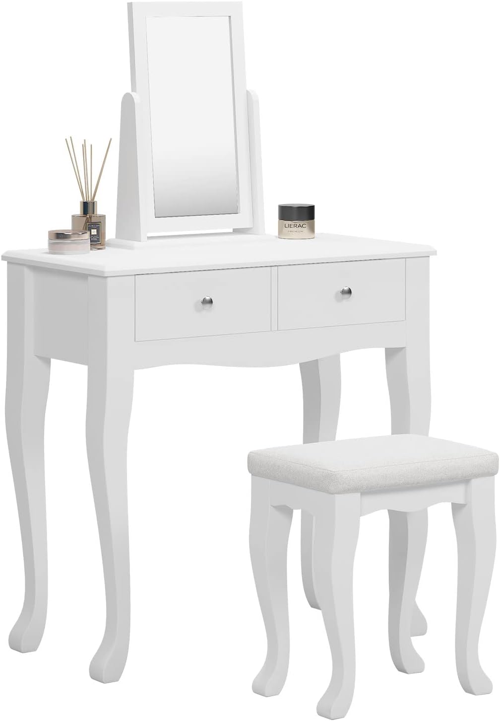 White Wooden Vanity Dressing Table with Mirror and Stool, 2 Drawers Y7946