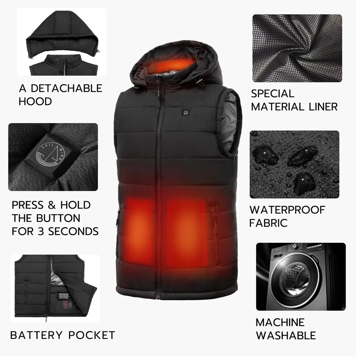 Lightweight Heated Vest with Removable Hood N843