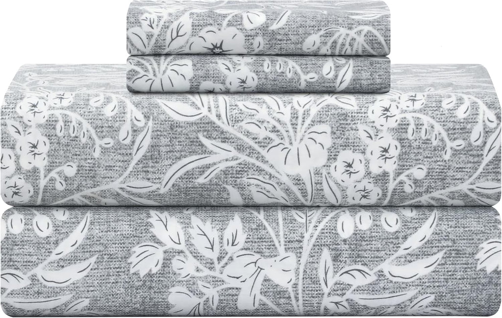 Cooling Queen Sheet Set 4-Piece 100% Cotton Sateen 300TC Grey Floral 16" Deep Pocket B696