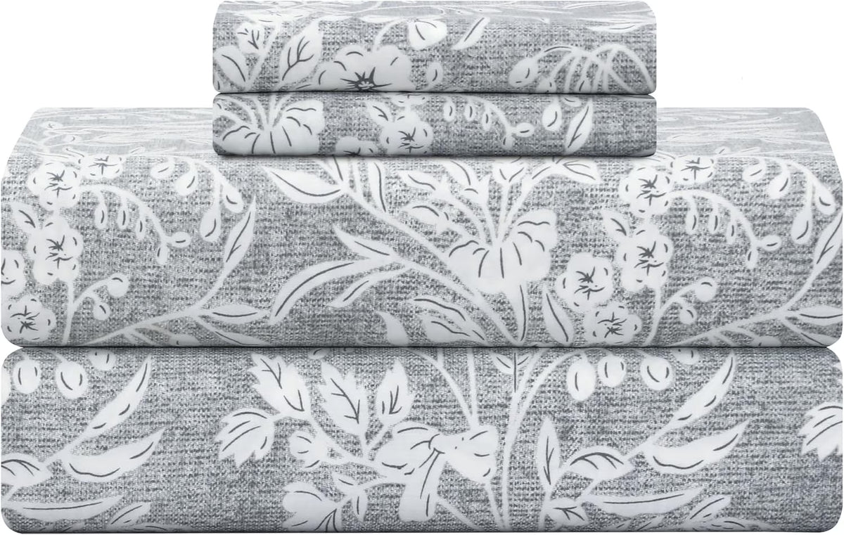 Cooling Queen Sheet Set 4-Piece 100% Cotton Sateen 300TC Grey Floral 16" Deep Pocket B696