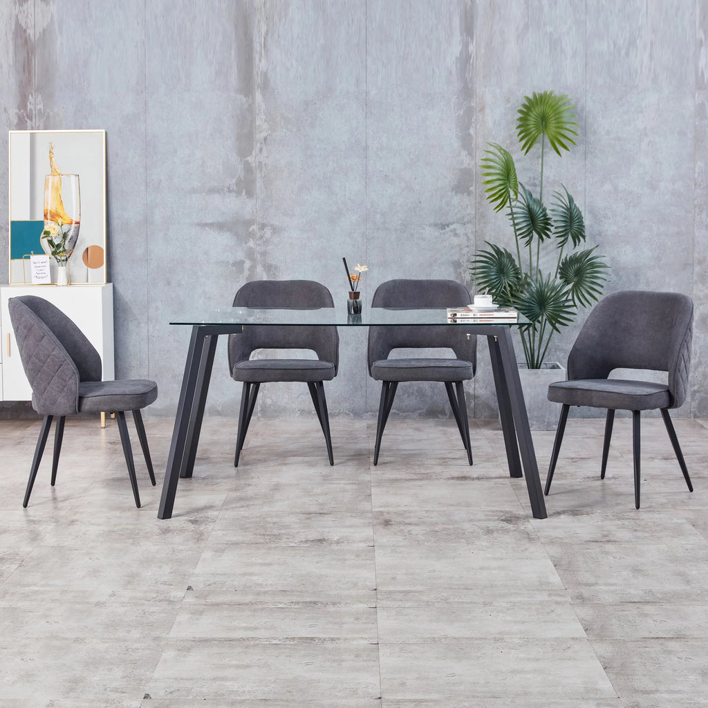 Rectangular Glass Dining Table for 4-6 with Tempered Glass Tabletop and Black Metal Legs S20750