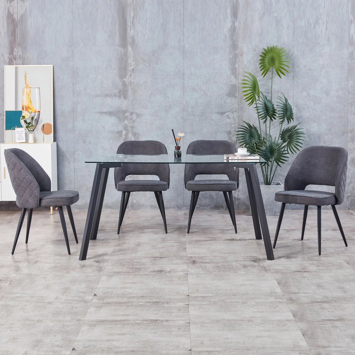 Rectangular Glass Dining Table for 4-6 with Tempered Glass Tabletop and Black Metal Legs S20750