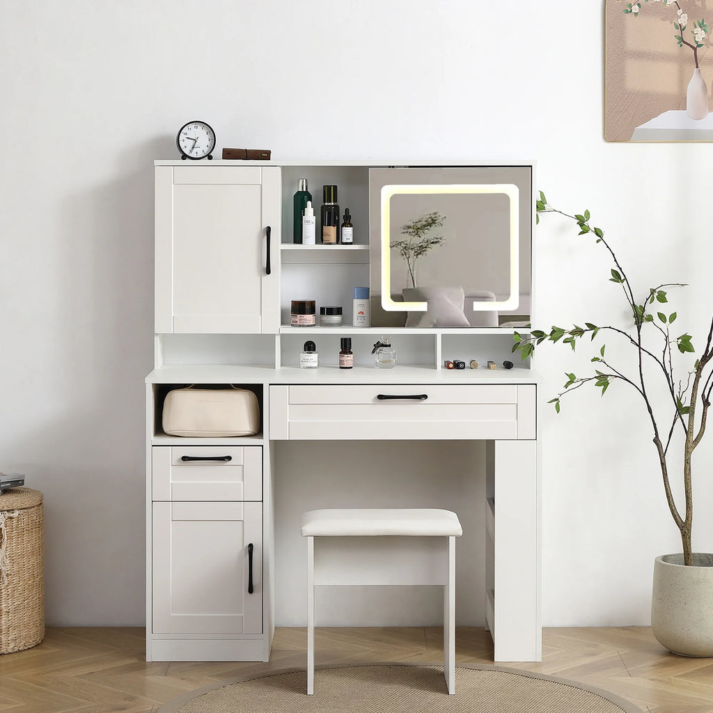 White Vanity Table with Lighted Mirror and Stool M44148