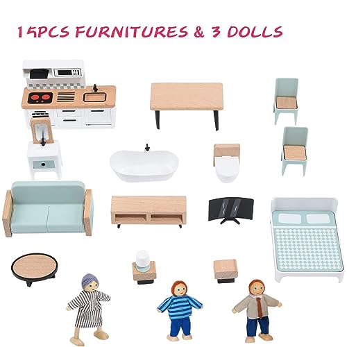 Large Pink Wooden Dollhouse with 15 Pcs Furniture & 3 Dolls H920