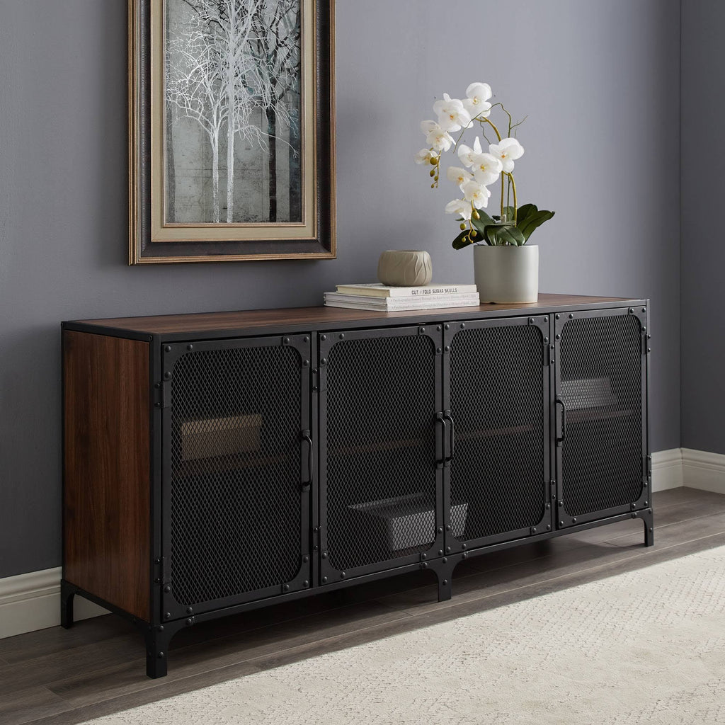 4 Door Metal Mesh TV Stand Dark Walnut S4941