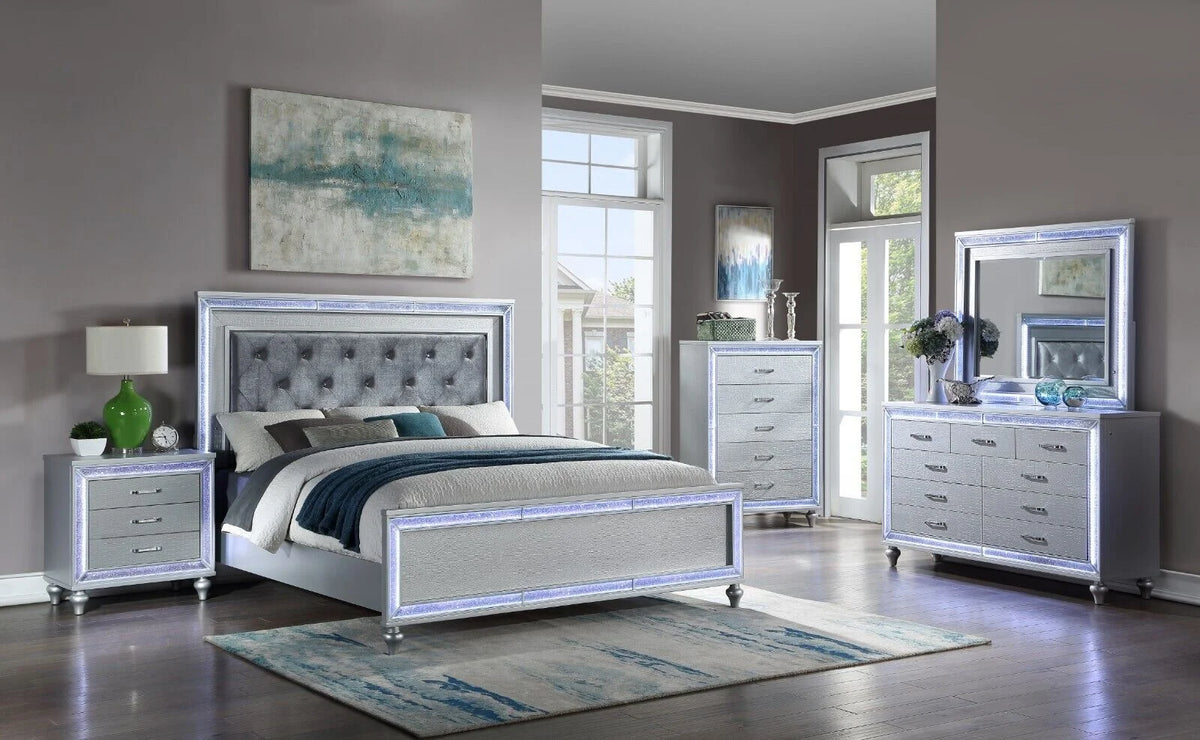 5pc King Size Upholstered Bed Dresser Mirror Nightstand Set L230