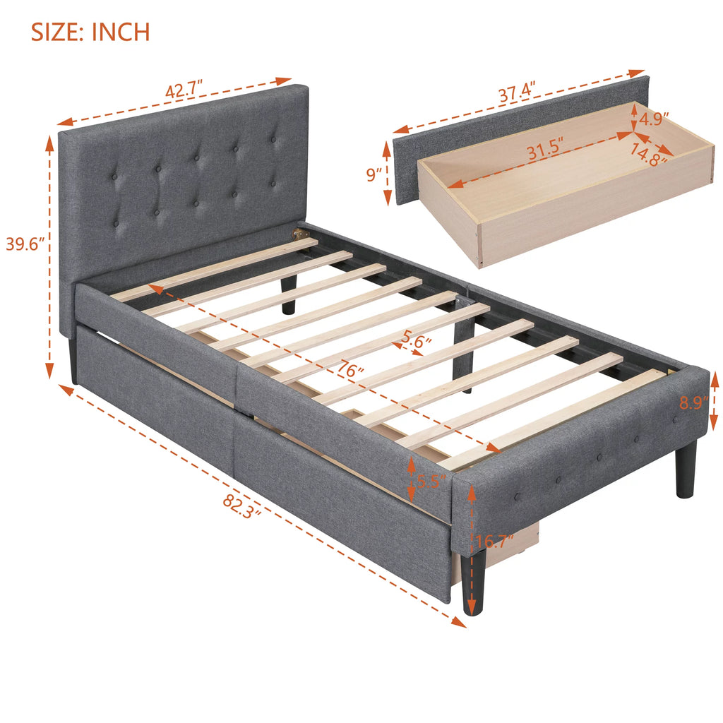 Twin Size Upholstered Platform Bed with 2 Storage Drawers O8852