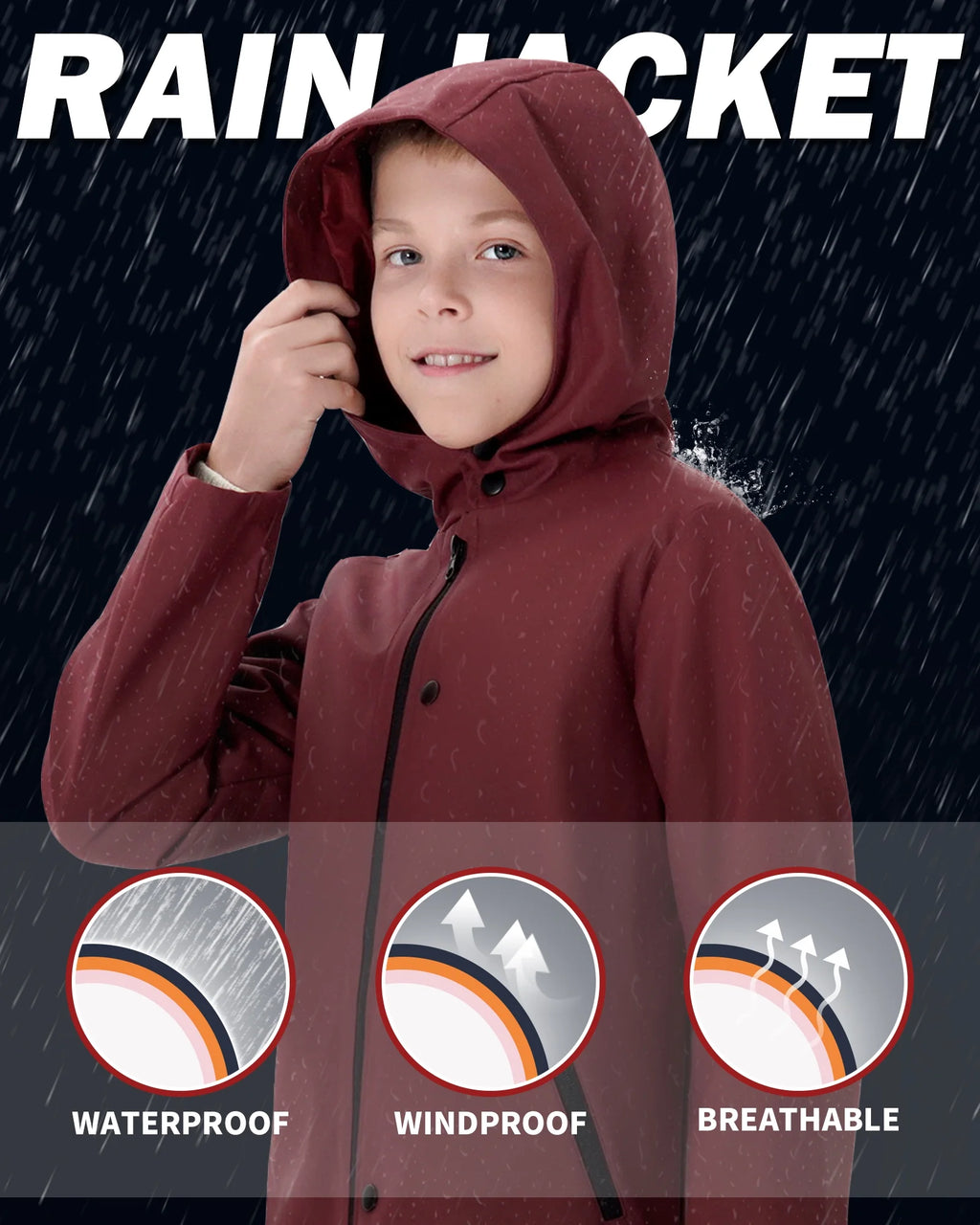 Boys Lightweight Waterproof Hooded Cotton Lined Rain Jacket H1666