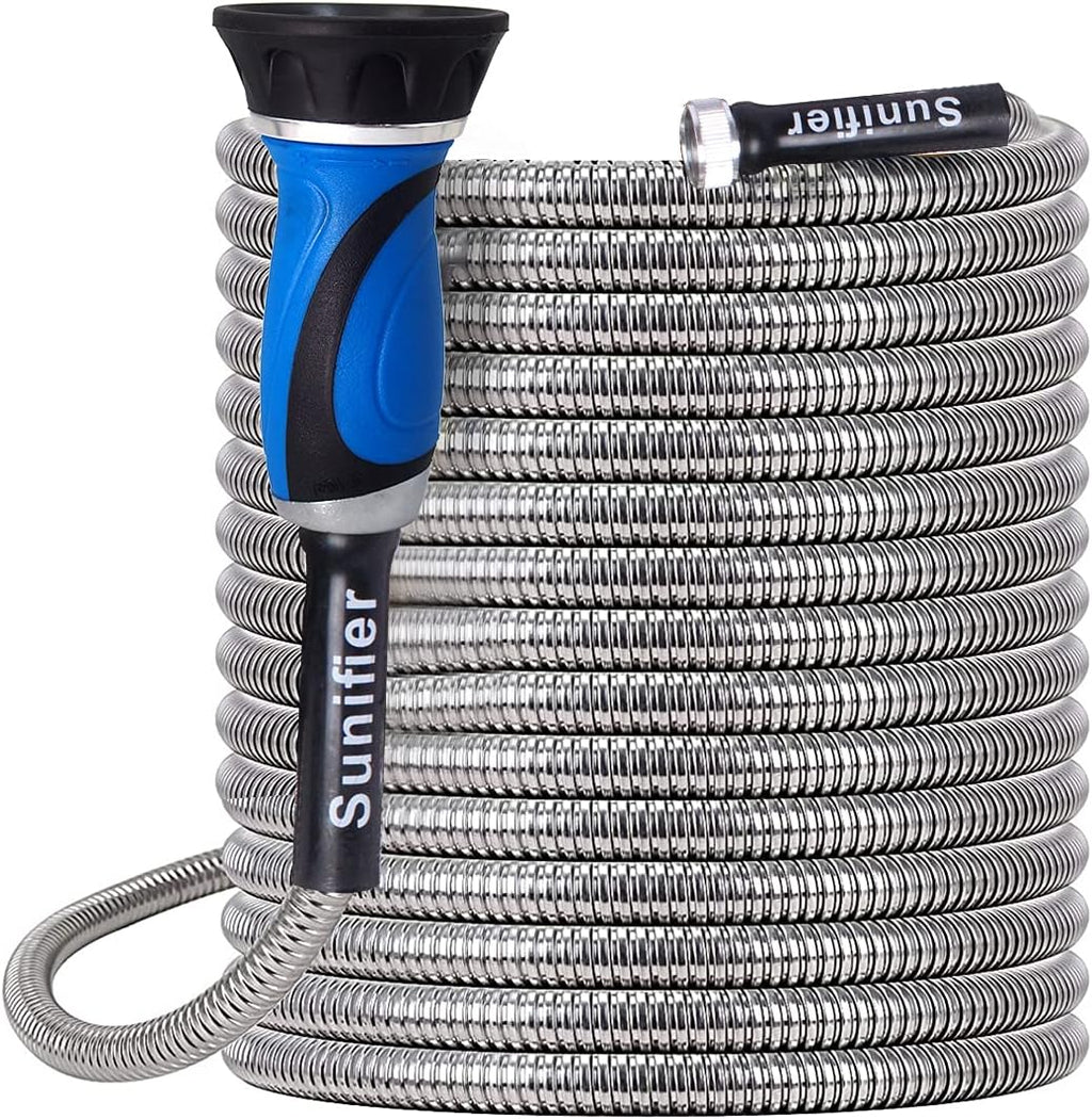 Metal Garden Hose 100 Ft Flexible Stainless Steel Water Hose with High Pressure Nozzle, Pack of 2 E187858