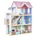 Large Pink Wooden Dollhouse with 15 Pcs Furniture & 3 Dolls H920