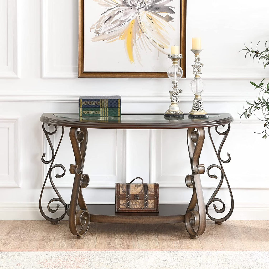 Half Sofa Table with Beveled Glass Top and Scrollwork Metal Legs E139