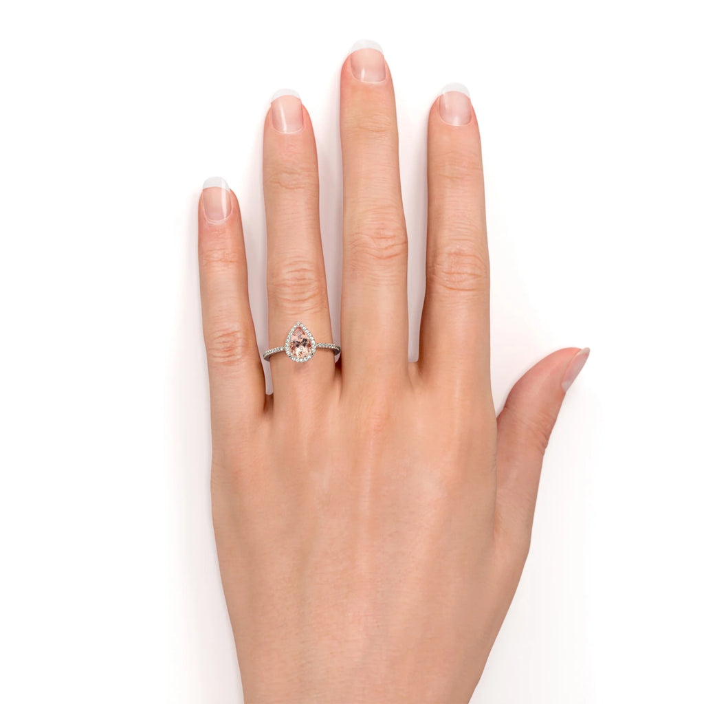 Pear Cut Peach Pink Morganite Halo Engagement Ring in 18k Rose Gold over Silver K8016