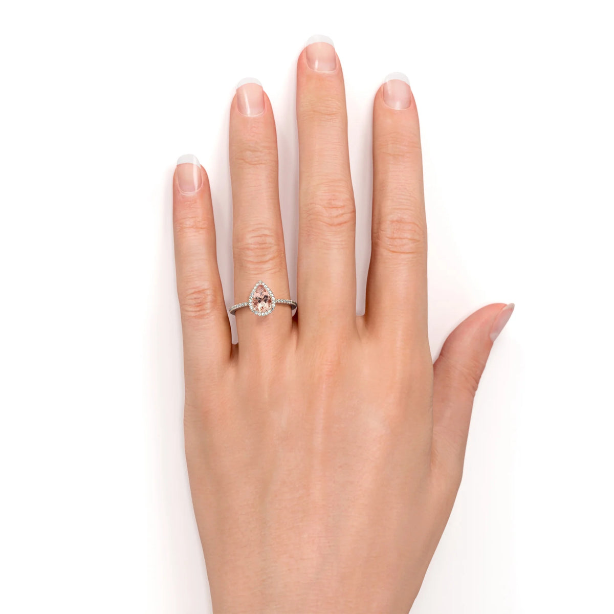 Pear Cut Peach Pink Morganite Halo Engagement Ring in 18k Rose Gold over Silver K8016