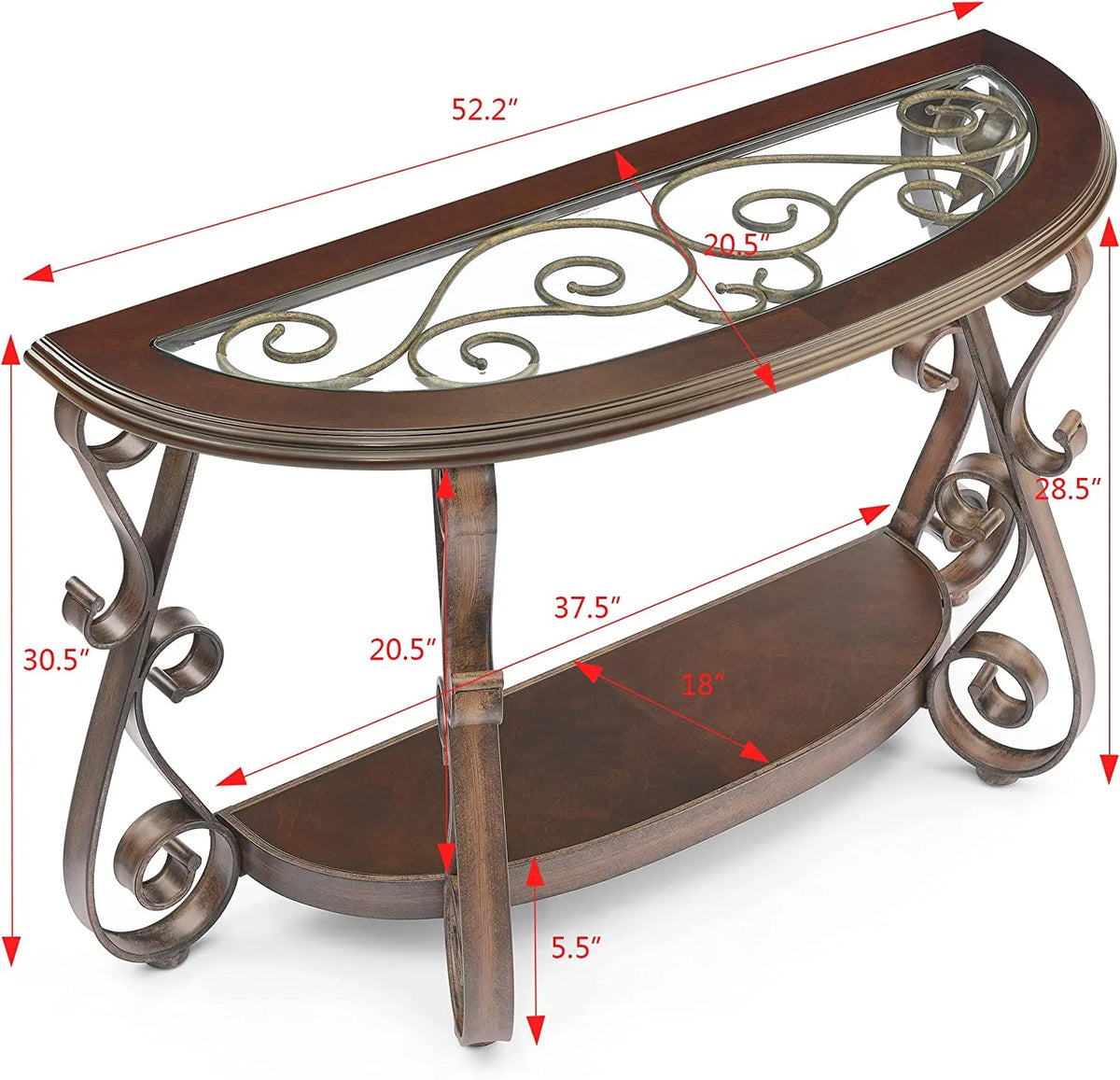 Half Sofa Table with Beveled Glass Top and Scrollwork Metal Legs E139