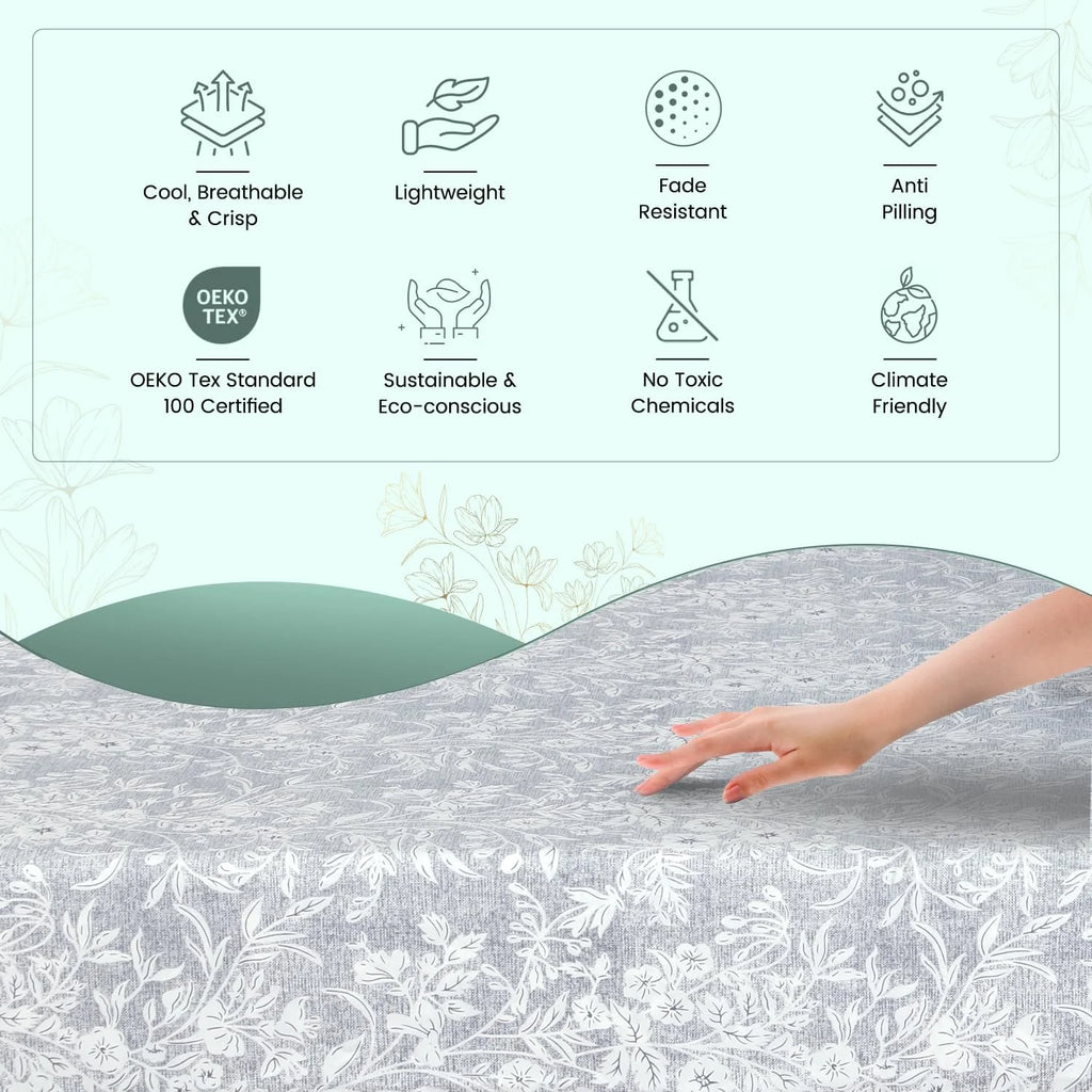Cooling Queen Sheet Set 4-Piece 100% Cotton Sateen 300TC Grey Floral 16" Deep Pocket B696