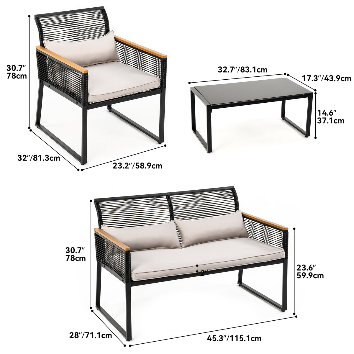 4-Piece Rattan Patio Bistro Set with Gray Cushions and Metal Coffee Table G73157